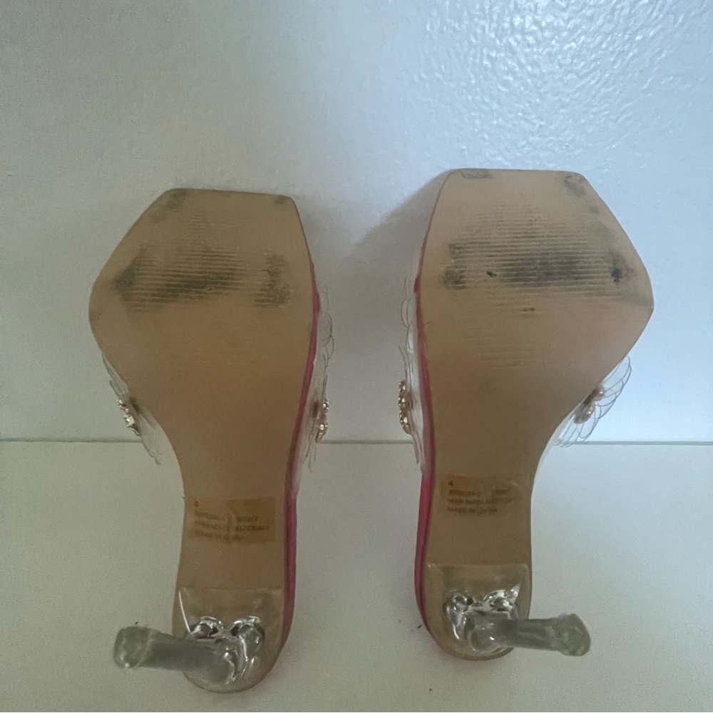 LuxeModa Fuchsia Diamond Butterfly Square Peep Toe Heel Clear Pump Mule size 4 - Picture 3 of 6
